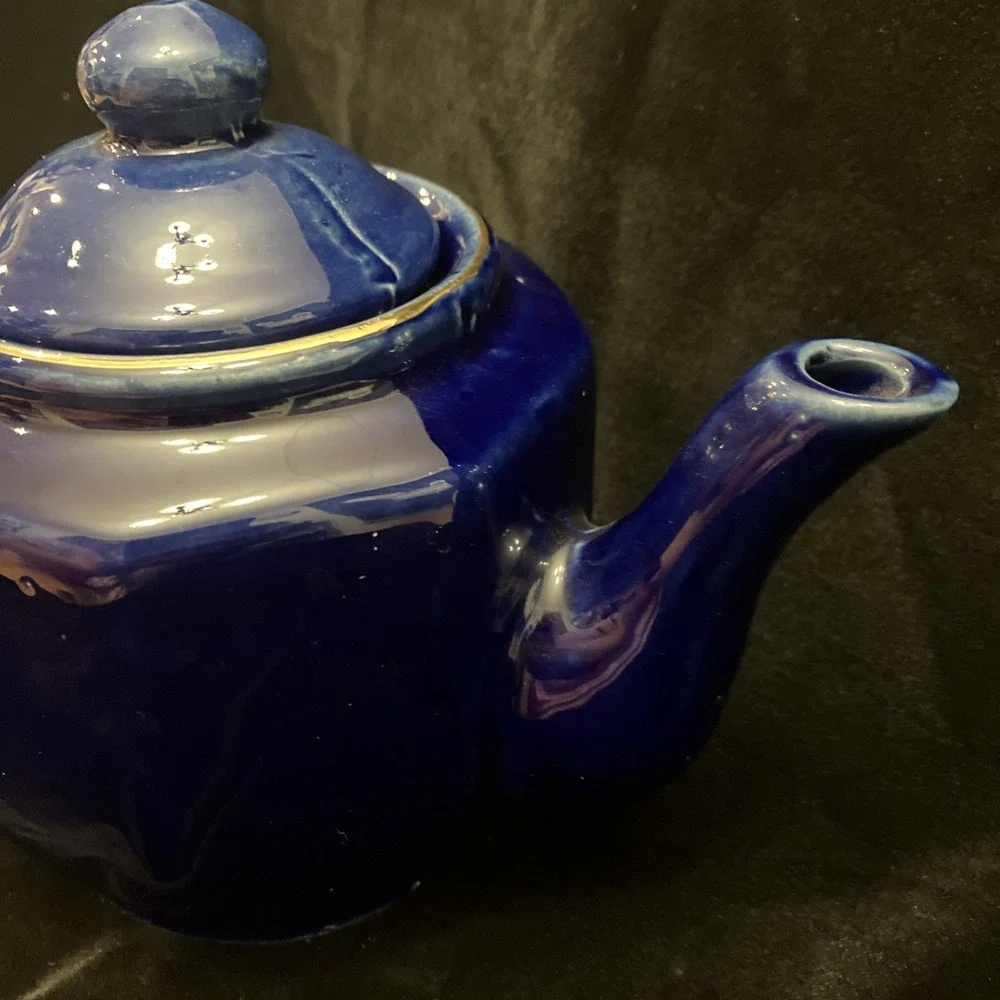 Cobalt Blue Porcelain Tea Pot Gold Trim Peacock Coffee Teapot Taiwan 4.5” W/ Lid